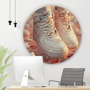 Aluminiumbild gebürstet Weiße Sneaker schweben über Wolken und Rosenblättern Kreis