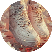 Lade das Bild in den Galerie-Viewer, Aluminiumbild gebürstet Weiße Sneaker schweben über Wolken und Rosenblättern Kreis
