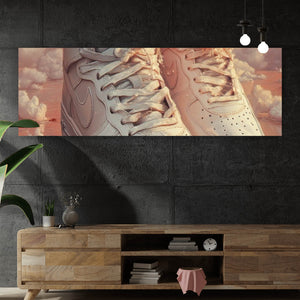 Leinwandbild Weiße Sneaker schweben über Wolken und Rosenblättern Panorama
