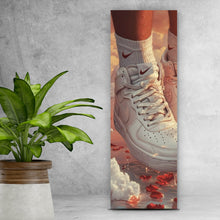 Lade das Bild in den Galerie-Viewer, Leinwandbild Weiße Sneaker schweben über Wolken und Rosenblättern Panorama Hoch
