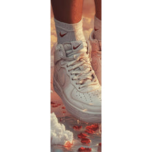 Lade das Bild in den Galerie-Viewer, Aluminiumbild gebürstet Weiße Sneaker schweben über Wolken und Rosenblättern Panorama Hoch
