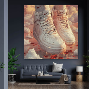 Leinwandbild Weiße Sneaker schweben über Wolken und Rosenblättern Quadrat