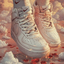 Lade das Bild in den Galerie-Viewer, Leinwandbild Weiße Sneaker schweben über Wolken und Rosenblättern Quadrat
