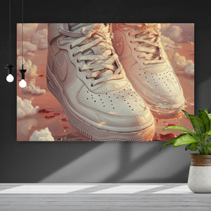 Leinwandbild Weiße Sneaker schweben über Wolken und Rosenblättern Querformat