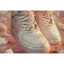 Lade das Bild in den Galerie-Viewer, Leinwandbild Weiße Sneaker schweben über Wolken und Rosenblättern Querformat
