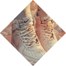 Lade das Bild in den Galerie-Viewer, Leinwandbild Weiße Sneaker schweben über Wolken und Rosenblättern Raute
