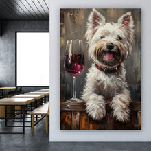 Lade das Bild in den Galerie-Viewer, Aluminiumbild gebürstet Weißer Terrier mit Weinglas Hochformat
