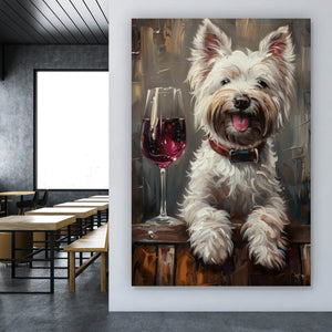 Spannrahmenbild Weißer Terrier mit Weinglas Hochformat