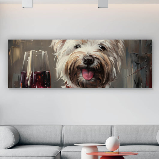 Spannrahmenbild Weißer Terrier mit Weinglas Panorama
