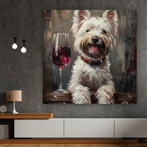 Spannrahmenbild Weißer Terrier mit Weinglas Quadrat