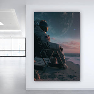 Leinwandbild Weltraum Sonnenuntergang am Strand Hochformat