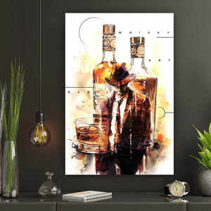 Spannrahmenbild Whiskyflaschen und Glas vor künstlerischem Hintergrund Hochformat