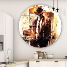 Lade das Bild in den Galerie-Viewer, Aluminiumbild Whiskyflaschen und Glas vor künstlerischem Hintergrund Kreis
