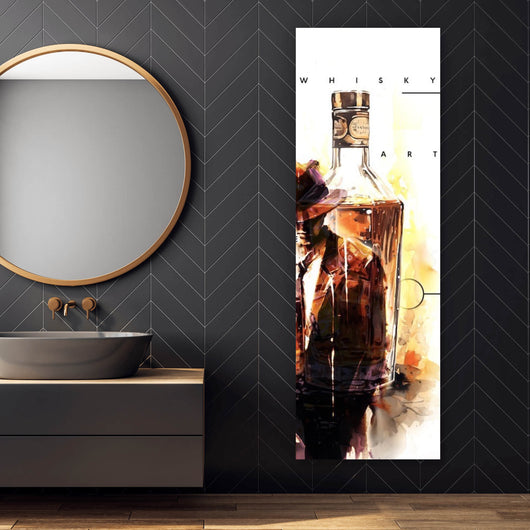 Poster Whiskyflaschen und Glas vor künstlerischem Hintergrund Panorama Hoch