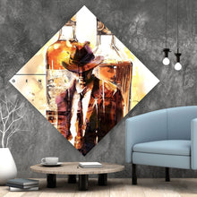 Lade das Bild in den Galerie-Viewer, Acrylglasbild Whiskyflaschen und Glas vor künstlerischem Hintergrund Raute
