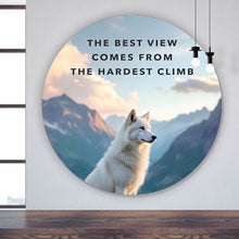 Lade das Bild in den Galerie-Viewer, Aluminiumbild Wolf majestätisch mit Berglandschaft Kreis
