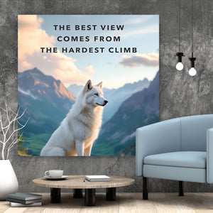 Aluminiumbild Wolf majestätisch mit Berglandschaft Quadrat