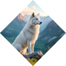 Lade das Bild in den Galerie-Viewer, Acrylglasbild Wolf majestätisch mit Berglandschaft Raute
