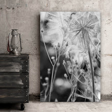 Lade das Bild in den Galerie-Viewer, Spannrahmenbild Zarte Pusteblume in schwarz weiß Hochformat
