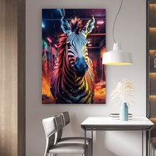 Lade das Bild in den Galerie-Viewer, Aluminiumbild gebürstet Zebra in bunter surrealer Umgebung Hochformat

