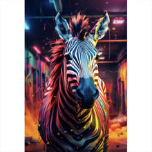Lade das Bild in den Galerie-Viewer, Aluminiumbild gebürstet Zebra in bunter surrealer Umgebung Hochformat
