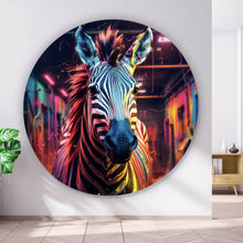 Lade das Bild in den Galerie-Viewer, Aluminiumbild gebürstet Zebra in bunter surrealer Umgebung Kreis
