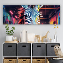 Lade das Bild in den Galerie-Viewer, Aluminiumbild gebürstet Zebra in bunter surrealer Umgebung Panorama
