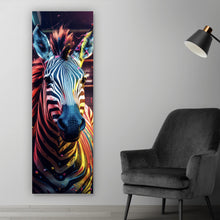 Lade das Bild in den Galerie-Viewer, Aluminiumbild gebürstet Zebra in bunter surrealer Umgebung Panorama Hoch
