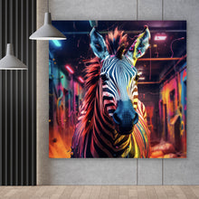 Lade das Bild in den Galerie-Viewer, Acrylglasbild Zebra in bunter surrealer Umgebung Quadrat

