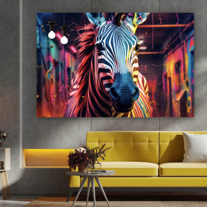Acrylglasbild Zebra in bunter surrealer Umgebung Querformat