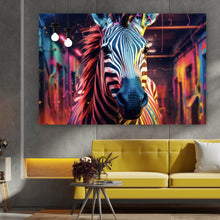 Lade das Bild in den Galerie-Viewer, Aluminiumbild gebürstet Zebra in bunter surrealer Umgebung Querformat
