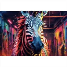 Lade das Bild in den Galerie-Viewer, Aluminiumbild gebürstet Zebra in bunter surrealer Umgebung Querformat
