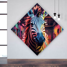 Lade das Bild in den Galerie-Viewer, Aluminiumbild gebürstet Zebra in bunter surrealer Umgebung Raute
