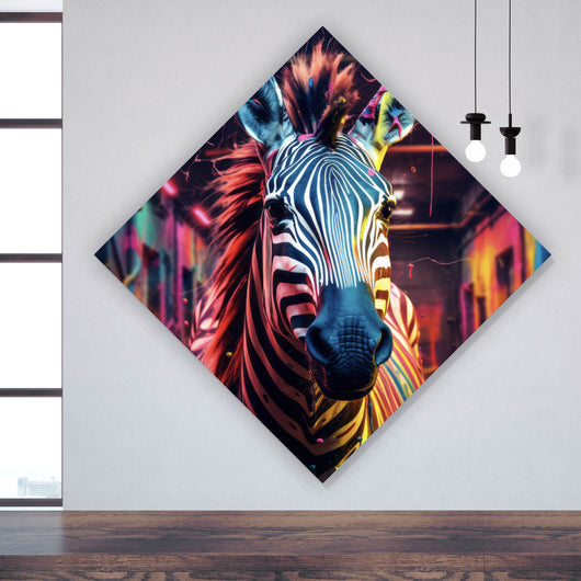 Acrylglasbild Zebra in bunter surrealer Umgebung Raute