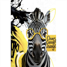 Lade das Bild in den Galerie-Viewer, Acrylglasbild Zebra mit Brille umgeben von Farbspritzern Hochformat
