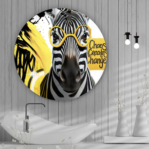 Aluminiumbild Zebra mit Brille umgeben von Farbspritzern Kreis