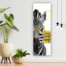 Lade das Bild in den Galerie-Viewer, Leinwandbild Zebra mit Brille umgeben von Farbspritzern Panorama Hoch
