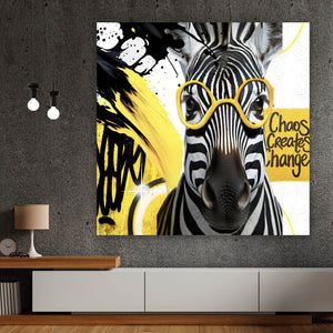 Spannrahmenbild Zebra mit Brille umgeben von Farbspritzern Quadrat