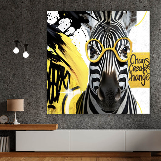 Leinwandbild Zebra mit Brille umgeben von Farbspritzern Quadrat