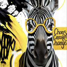 Lade das Bild in den Galerie-Viewer, Leinwandbild Zebra mit Brille umgeben von Farbspritzern Quadrat
