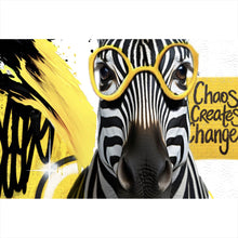 Lade das Bild in den Galerie-Viewer, Acrylglasbild Zebra mit Brille umgeben von Farbspritzern Querformat

