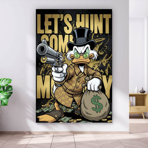 Poster Zeichentrick Ente mit Geld und Pistole Hochformat