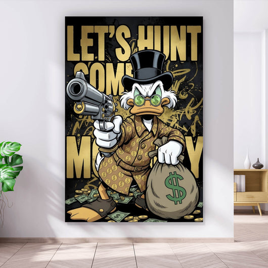 Leinwandbild Zeichentrick Ente mit Geld und Pistole Hochformat