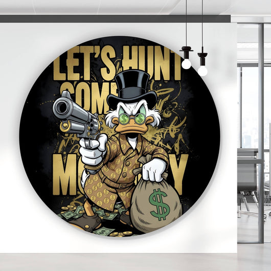 Aluminiumbild Zeichentrick Ente mit Geld und Pistole Kreis