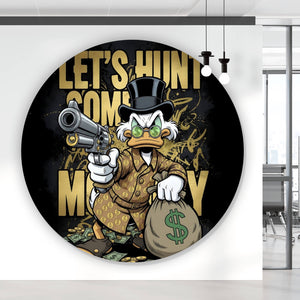 Aluminiumbild gebürstet Zeichentrick Ente mit Geld und Pistole Kreis