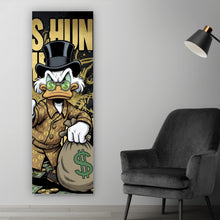 Lade das Bild in den Galerie-Viewer, Spannrahmenbild Zeichentrick Ente mit Geld und Pistole Panorama Hoch
