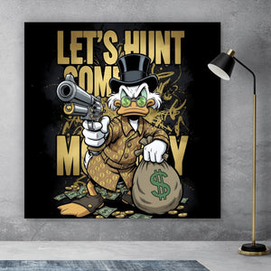 Poster Zeichentrick Ente mit Geld und Pistole Quadrat