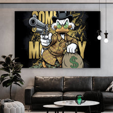 Lade das Bild in den Galerie-Viewer, Aluminiumbild Zeichentrick Ente mit Geld und Pistole Querformat
