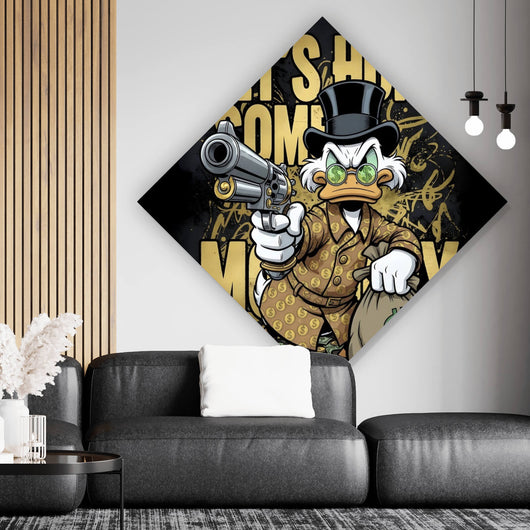 Poster Zeichentrick Ente mit Geld und Pistole Raute
