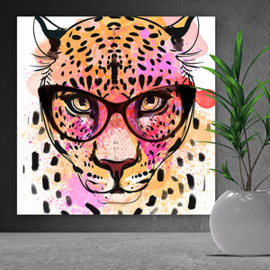 Acrylglasbild Leopard im Zeichenstil Aquarell Quadrat